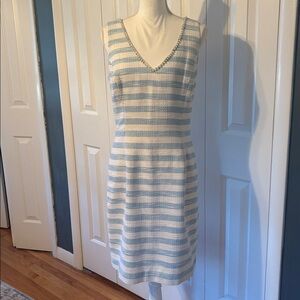 Blue and White Striped V-Neck Sleeveless Dress